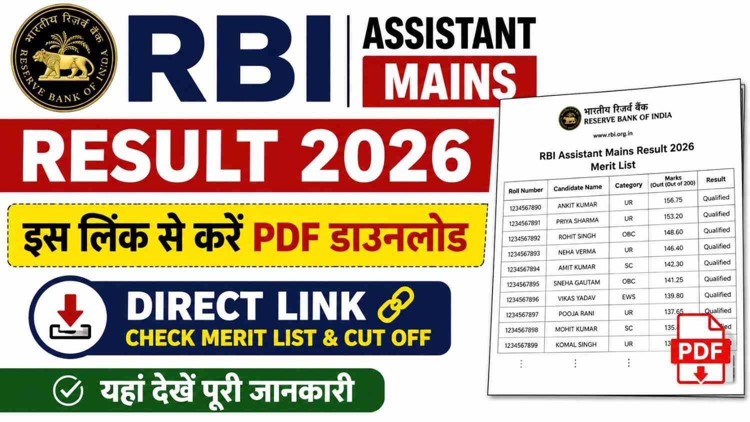 RBI Assistant Mains Result 2026 Download